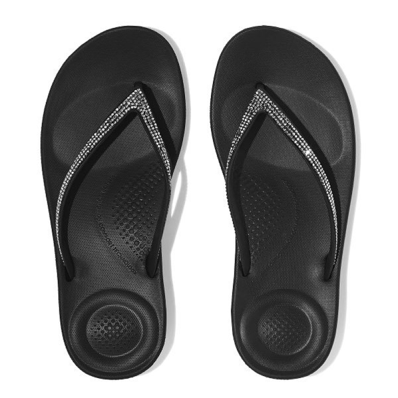 Women's FitFlop Iqushion Sparkle Ergonomic Flip Flops Black | 549YBDOJQ