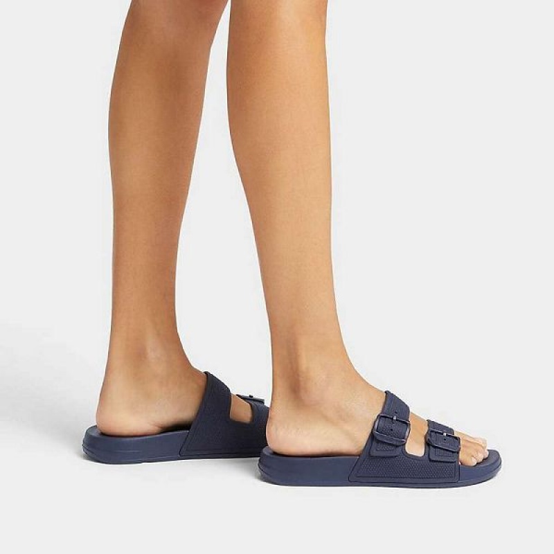 Women's FitFlop Iqushion Two Bar Buckle Slides Navy | 189BNGITE