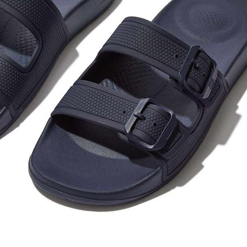 Women's FitFlop Iqushion Two Bar Buckle Slides Navy | 189BNGITE