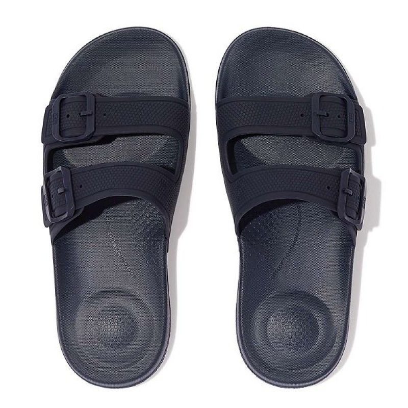 Women's FitFlop Iqushion Two Bar Buckle Slides Navy | 189BNGITE