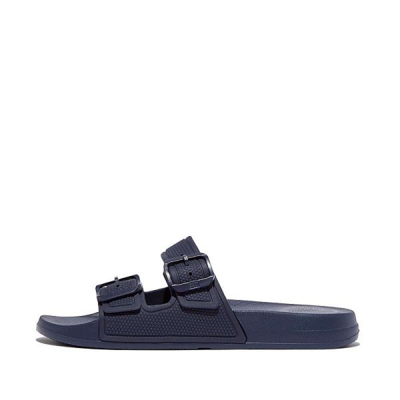 Women\'s FitFlop Iqushion Two Bar Buckle Slides Navy | 189BNGITE