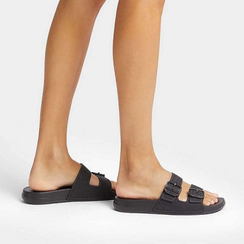 Women's FitFlop Iqushion Two Bar Buckle Slides Black | 103ISVZWT