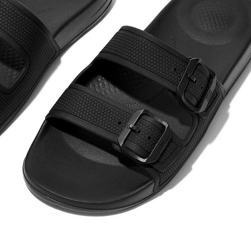 Women's FitFlop Iqushion Two Bar Buckle Slides Black | 103ISVZWT