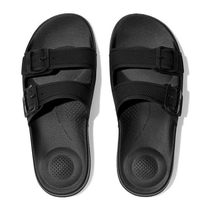 Women's FitFlop Iqushion Two Bar Buckle Slides Black | 103ISVZWT