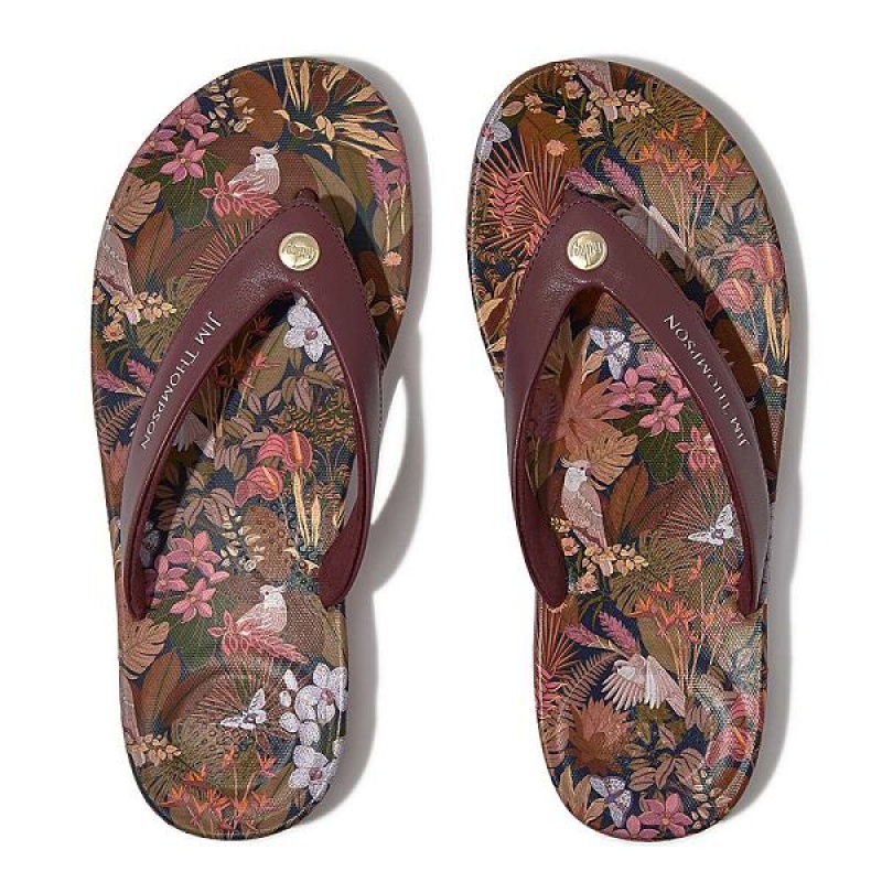 Women's FitFlop Iqushion X Jim Thompson Limited Edition Leather Flip Flops Brown | 146ZMDHFY