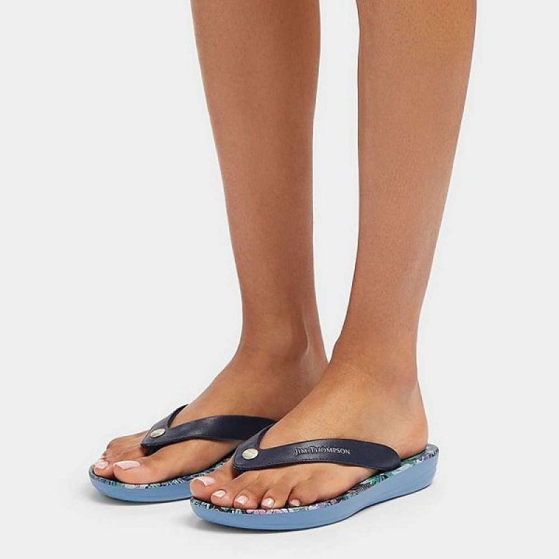 Women's FitFlop Iqushion X Jim Thompson Limited Edition Leather Flip Flops Blue | 487VGLBOS