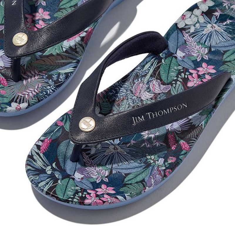 Women's FitFlop Iqushion X Jim Thompson Limited Edition Leather Flip Flops Blue | 487VGLBOS