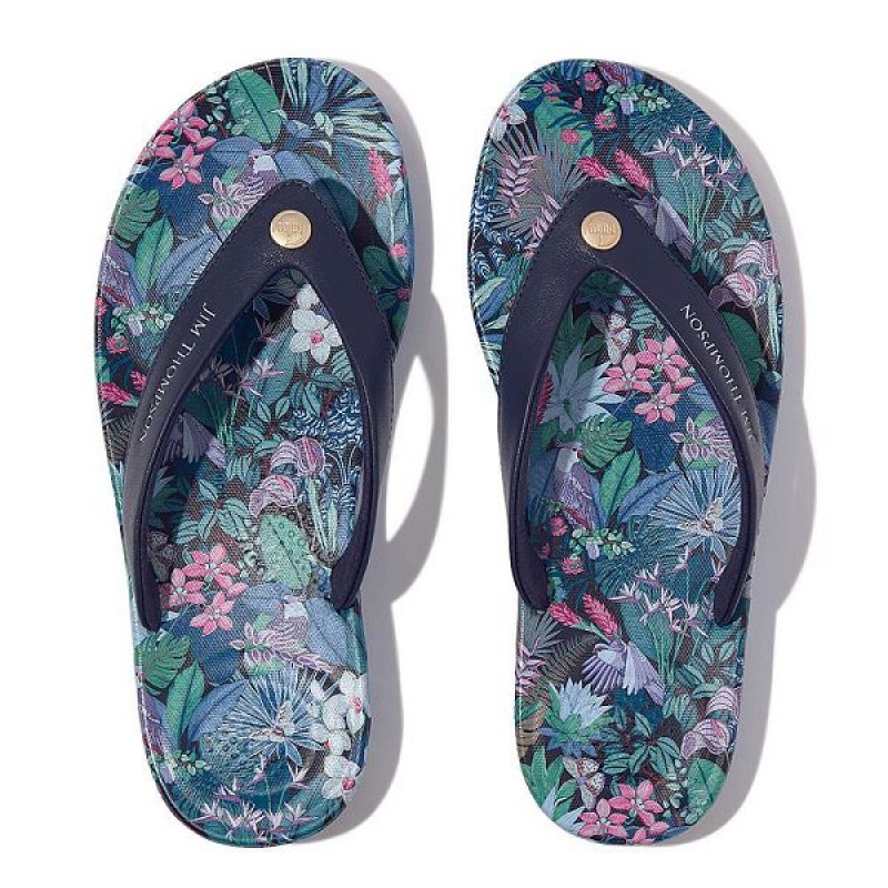 Women's FitFlop Iqushion X Jim Thompson Limited Edition Leather Flip Flops Blue | 487VGLBOS