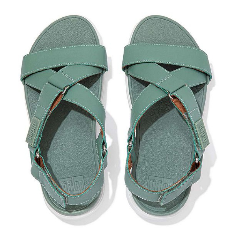 Women's FitFlop Loosh Leather Cross Strap Sandals Green | 053YVLQFS