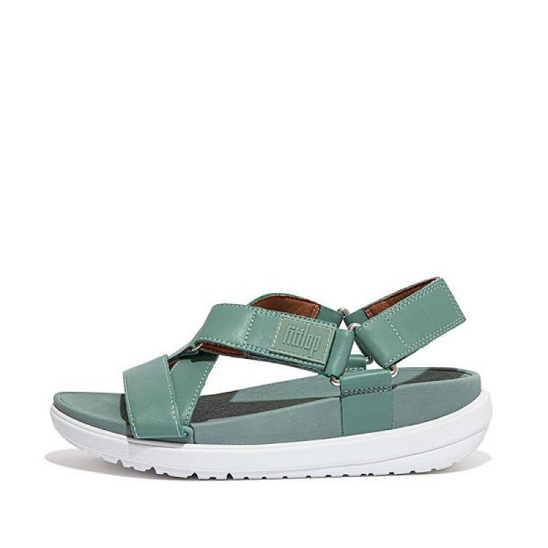 Women\'s FitFlop Loosh Leather Cross Strap Sandals Green | 053YVLQFS