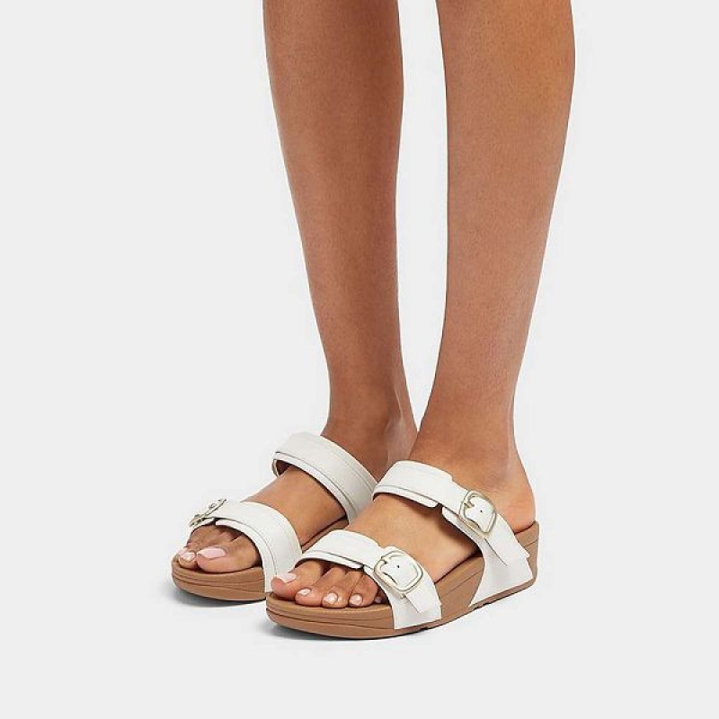 Women's FitFlop Lulu Adjustable Buckle Leather Slides White | 241ULRTYW