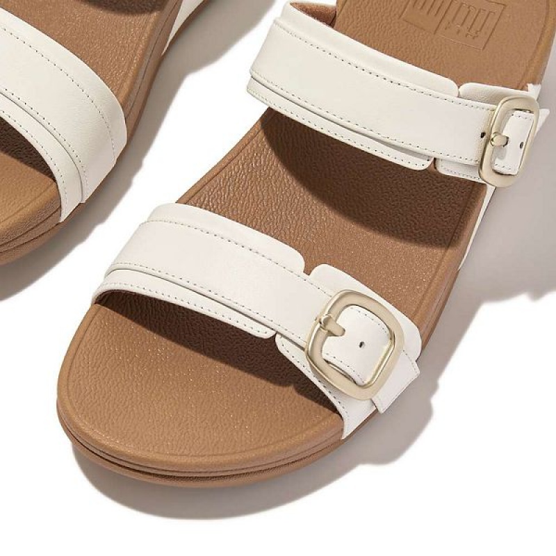 Women's FitFlop Lulu Adjustable Buckle Leather Slides White | 241ULRTYW