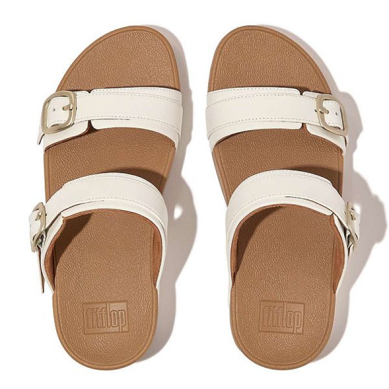 Women's FitFlop Lulu Adjustable Buckle Leather Slides White | 241ULRTYW