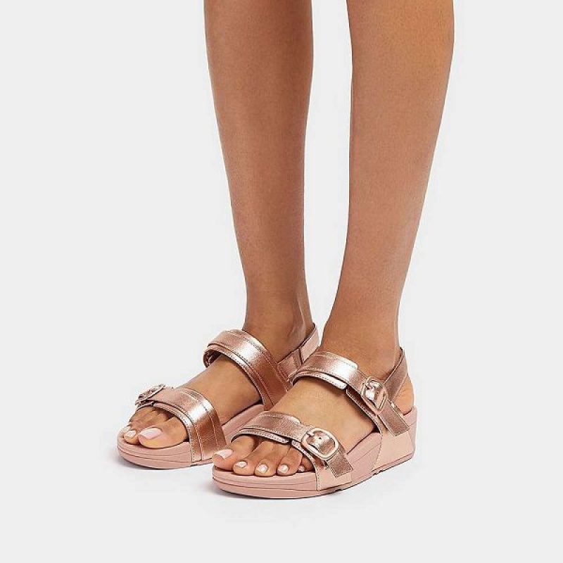 Women's FitFlop Lulu Adjustable Buckle Metallic Leather Back-Strap Sandals Rose Gold | 469ULMEQG