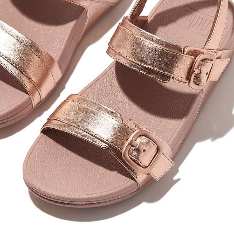 Women's FitFlop Lulu Adjustable Buckle Metallic Leather Back-Strap Sandals Rose Gold | 469ULMEQG