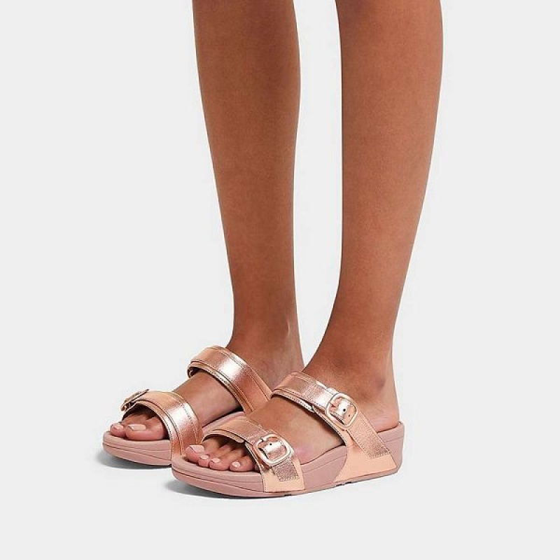 Women's FitFlop Lulu Adjustable Buckle Metallic Leather Slides Rose Gold | 290EVQZBF