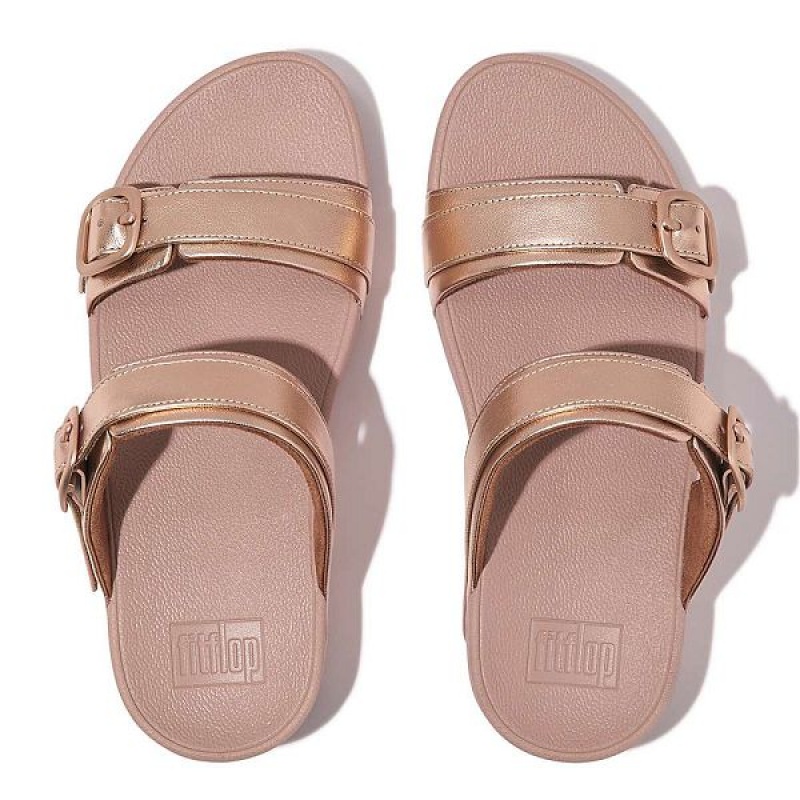 Women's FitFlop Lulu Adjustable Buckle Metallic Leather Slides Rose Gold | 290EVQZBF