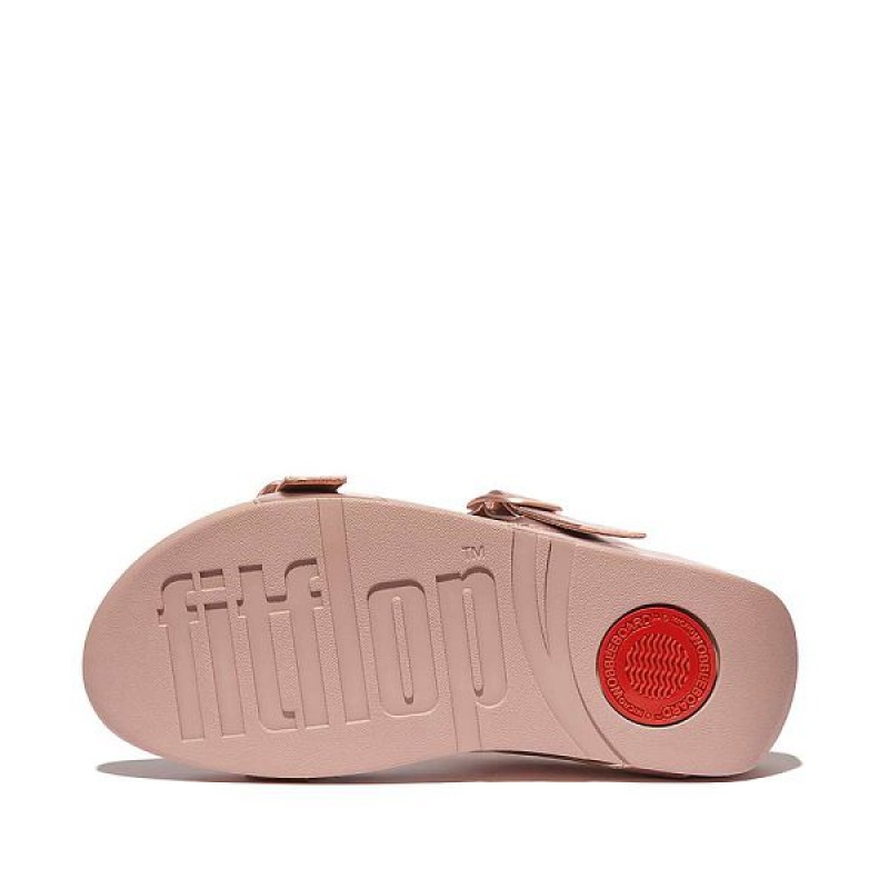 Women's FitFlop Lulu Adjustable Buckle Metallic Leather Slides Rose Gold | 290EVQZBF