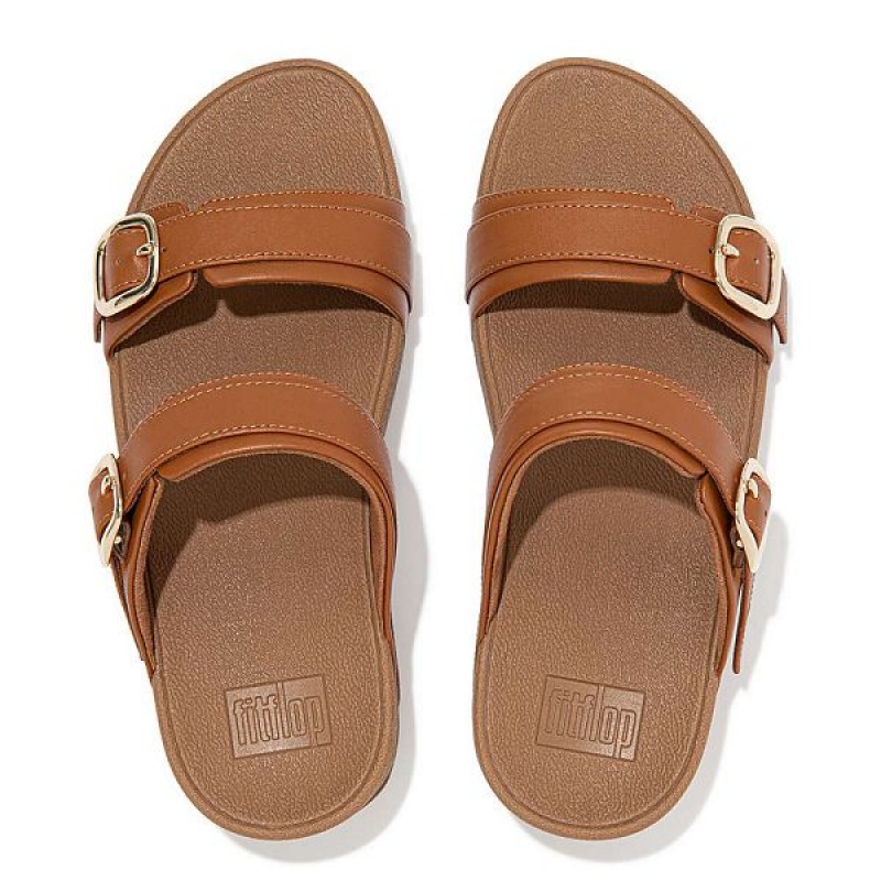 Women's FitFlop Lulu Adjustable Leather Slides Light Brown | 578CXJBIA