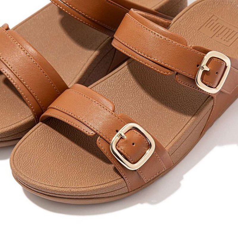 Women's FitFlop Lulu Adjustable Leather Slides Light Brown | 578CXJBIA