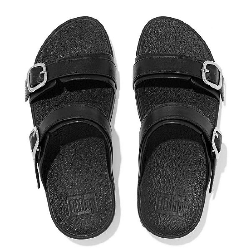 Women's FitFlop Lulu Adjustable Leather Slides Black | 971RXOIPY