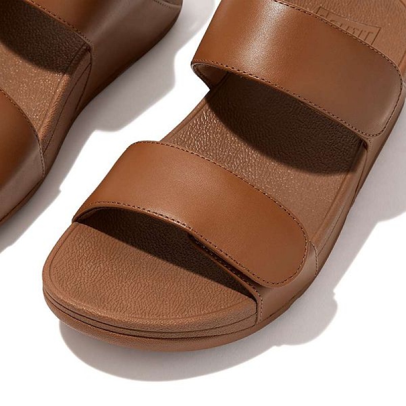 Women's FitFlop Lulu Adjustable Leather Slides Light Brown | 530QUJCWT