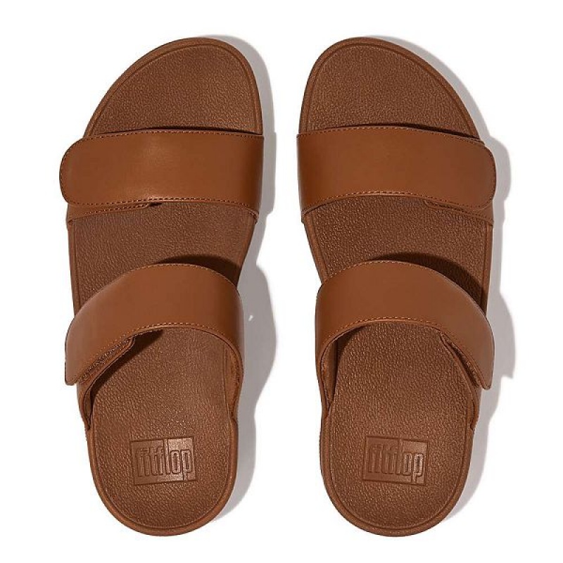 Women's FitFlop Lulu Adjustable Leather Slides Light Brown | 530QUJCWT