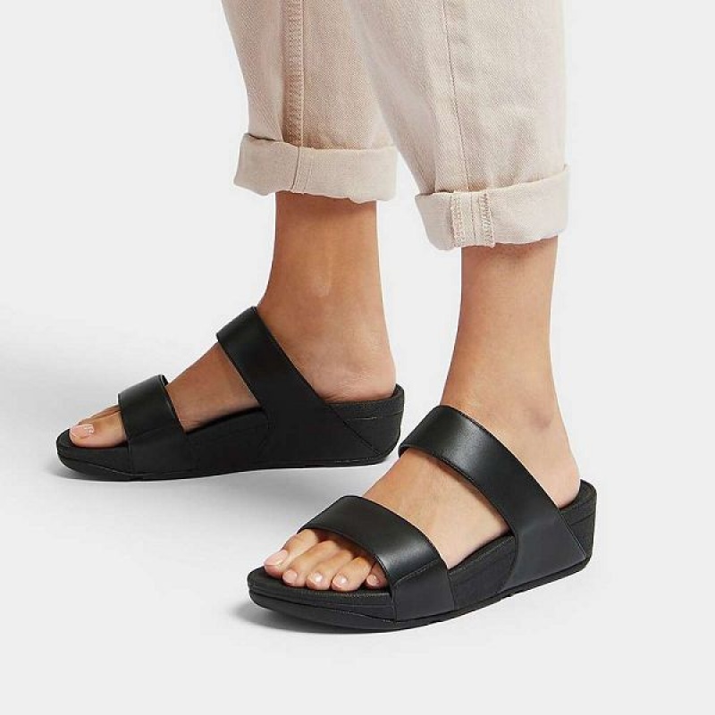 Women's FitFlop Lulu Adjustable Leather Slides Black | 613EOSRNC