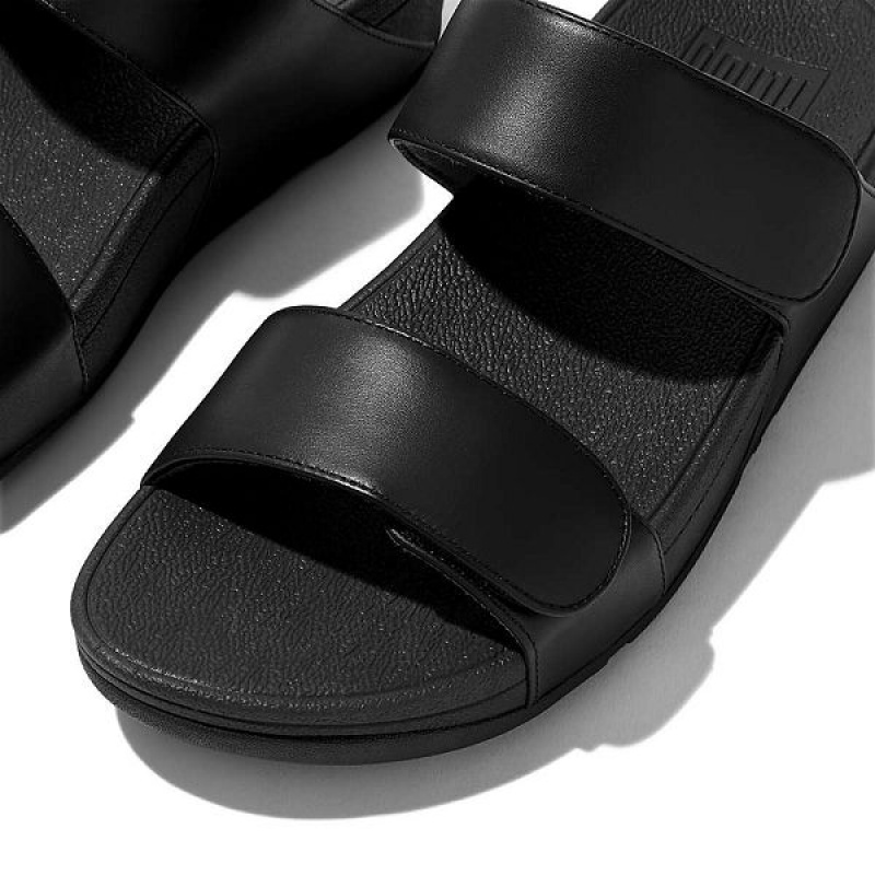 Women's FitFlop Lulu Adjustable Leather Slides Black | 613EOSRNC