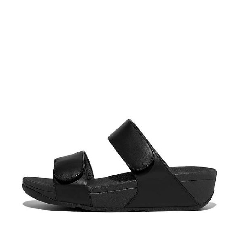 Women\'s FitFlop Lulu Adjustable Leather Slides Black | 613EOSRNC