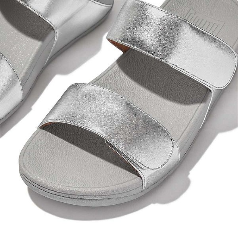 Women's FitFlop Lulu Adjustable Leather Slides Silver | 268YOGCKI