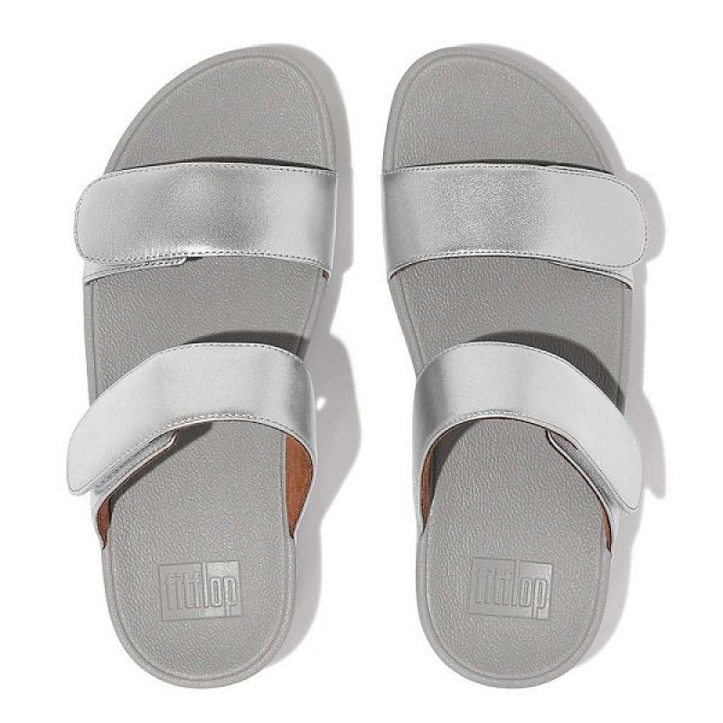 Women's FitFlop Lulu Adjustable Leather Slides Silver | 268YOGCKI