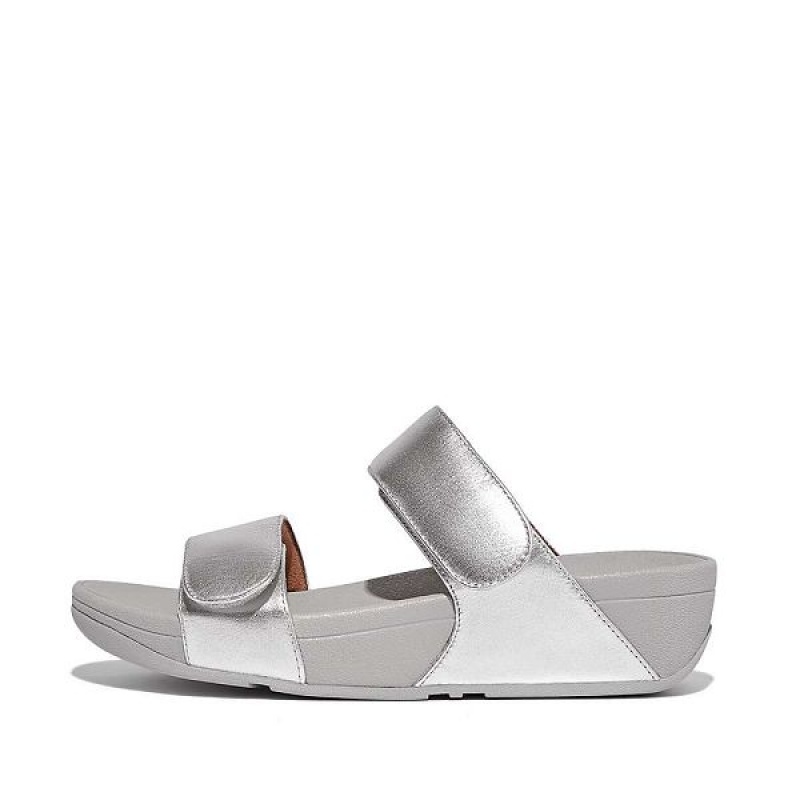 Women\'s FitFlop Lulu Adjustable Leather Slides Silver | 268YOGCKI