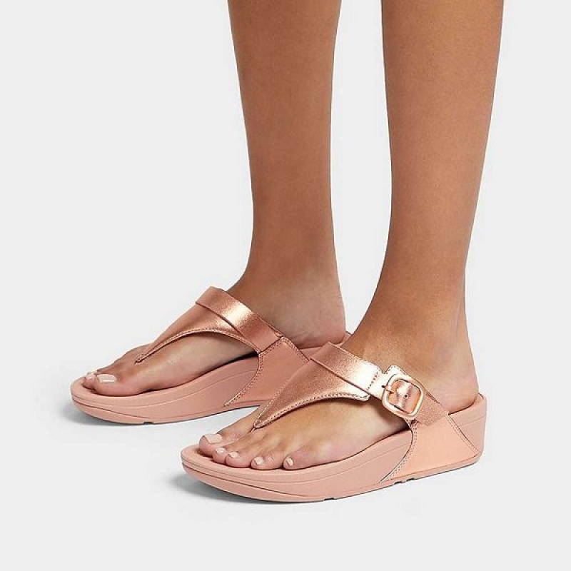 Women's FitFlop Lulu Adjustable Leather Toe-Posts Sandals Rose Gold | 523TGYWOB