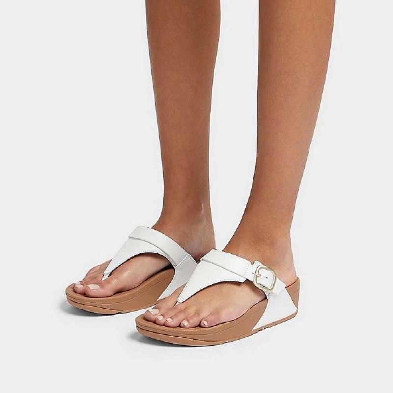 Women's FitFlop Lulu Adjustable Leather Toe-Posts Sandals White | 728GNOTJM