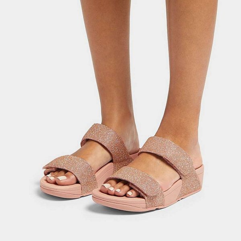 Women's FitFlop Lulu Adjustable Shimmerlux Slides Rose Gold | 826OMFQVX