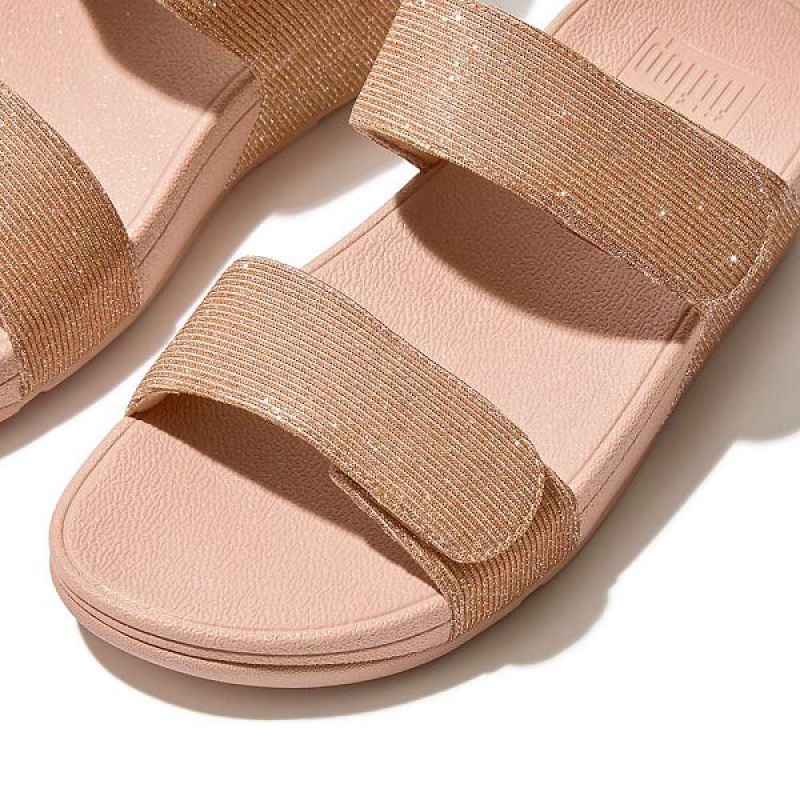 Women's FitFlop Lulu Adjustable Shimmerlux Slides Rose Gold | 826OMFQVX