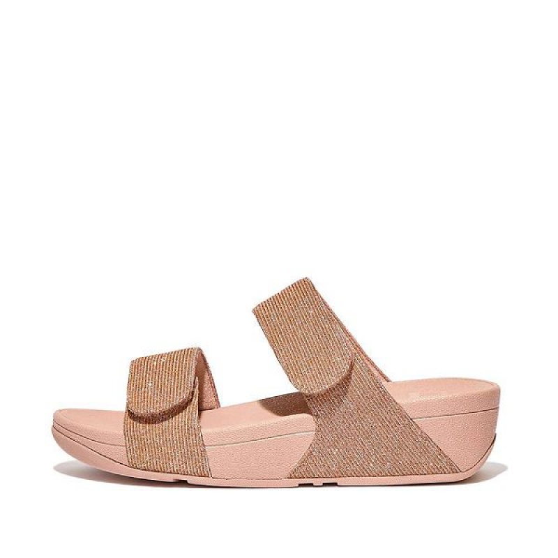 Women\'s FitFlop Lulu Adjustable Shimmerlux Slides Rose Gold | 826OMFQVX