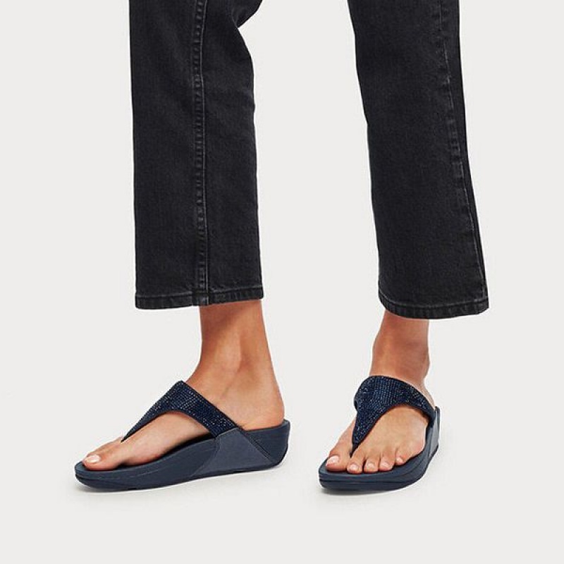 Women's FitFlop Lulu Crystal Toe-Post Sandals Navy | 548DLAPTJ