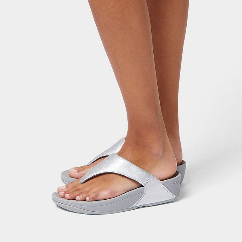 Women's FitFlop Lulu Leather Toe-Post Sandals Silver | 957HVMDJY