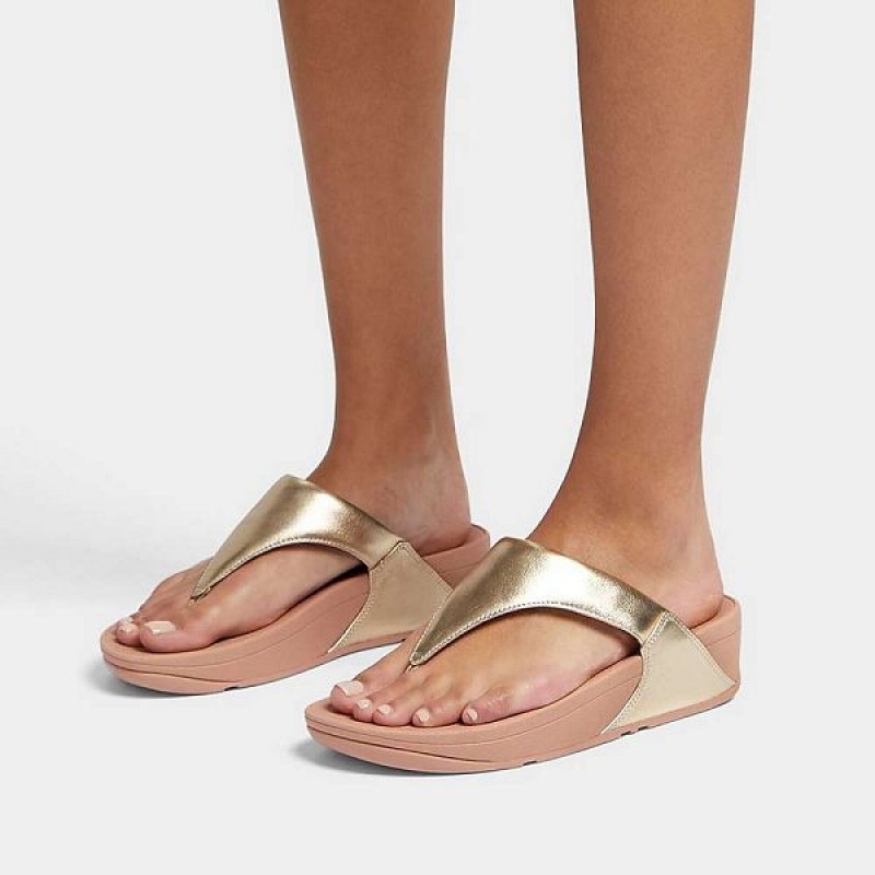 Women's FitFlop Lulu Metallic Leather Toe-Post Sandals Coral / Gold | 036UVCQFM