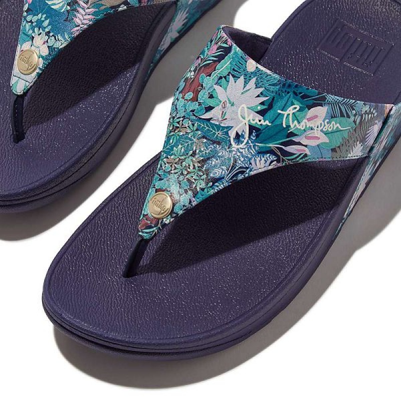 Women's FitFlop Lulu X Jim Thompson Limited Edition Leather Toe-Post Sandals Blue | 025UVKPJY