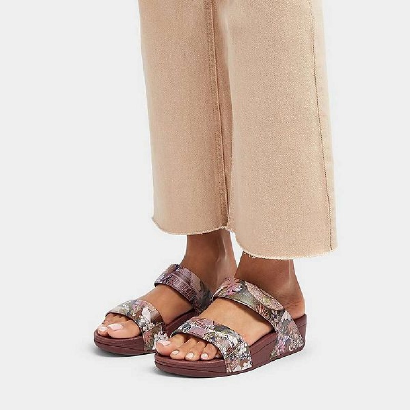 Women's FitFlop Lulu X Jim Thompson Limited Edition Leather Slides Brown | 071IHEOMF