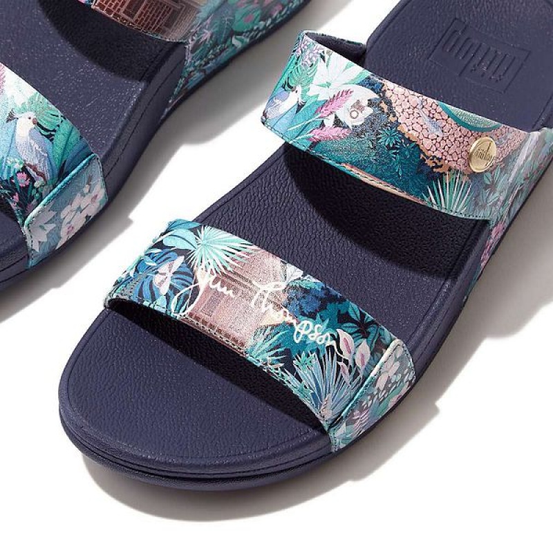 Women's FitFlop Lulu X Jim Thompson Limited Edition Leather Slides Blue | 357NYIEKS