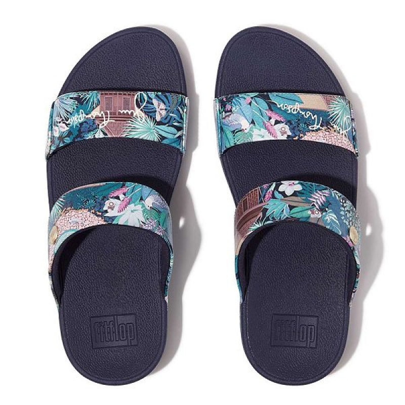 Women's FitFlop Lulu X Jim Thompson Limited Edition Leather Slides Blue | 357NYIEKS