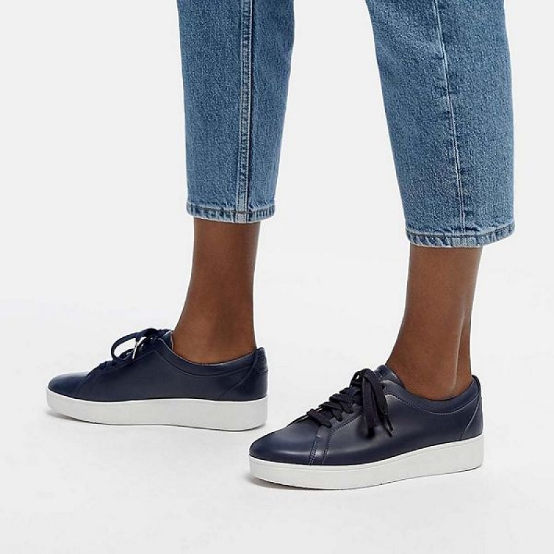 Women's FitFlop Rally Leather Sneakers Navy | 480KUQJYT