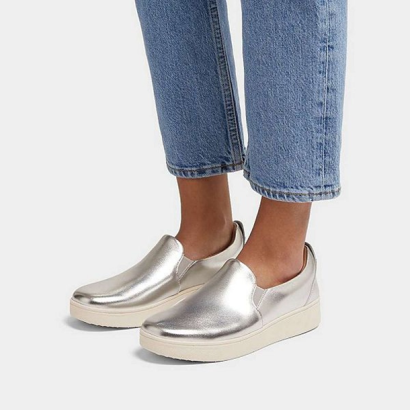 Women's FitFlop Rally Metallic Leather Slip On Skate Sneakers Silver | 376AOBTCS