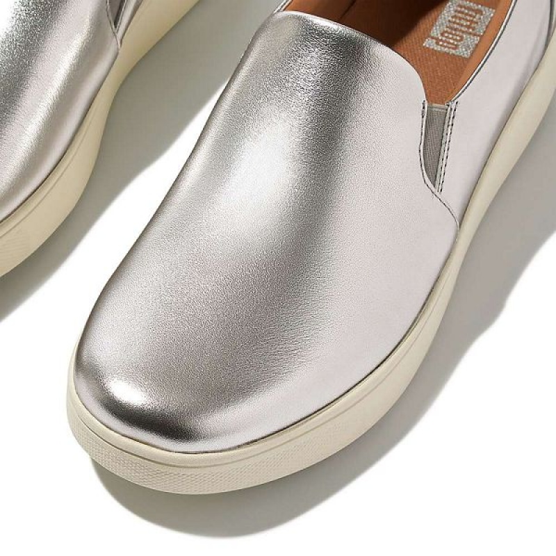 Women's FitFlop Rally Metallic Leather Slip On Skate Sneakers Silver | 376AOBTCS