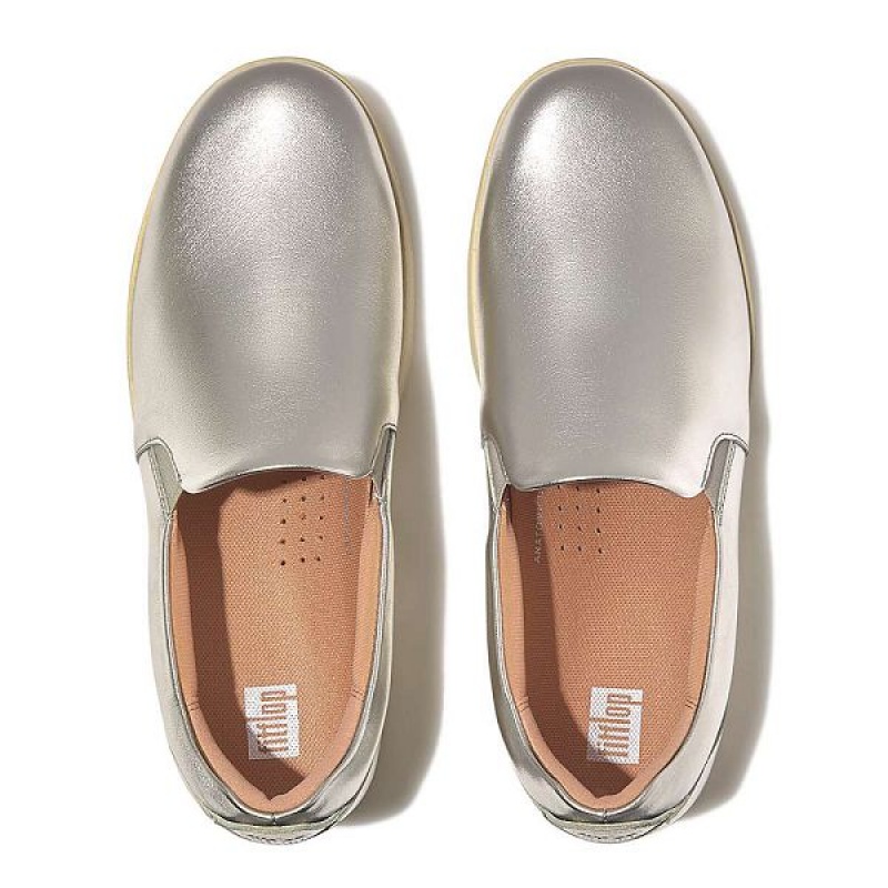 Women's FitFlop Rally Metallic Leather Slip On Skate Sneakers Silver | 376AOBTCS