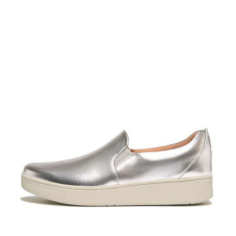 Women\'s FitFlop Rally Metallic Leather Slip On Skate Sneakers Silver | 376AOBTCS